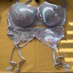 Savage x Fenty Pastel Lavender Purple Sparkly Floral Lace Bra & Garter Belt Set